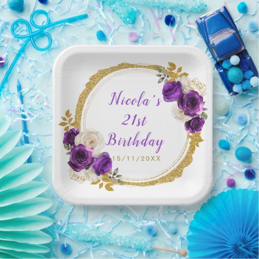 Donker Paarse en gouden elegante bloem verjaardags Papieren Bordje (Feest)