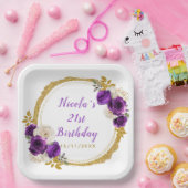 Donker Paarse en gouden elegante bloem verjaardags Papieren Bordje (Feest)