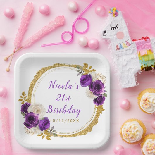 Donker Paarse en gouden elegante bloem verjaardags Papieren Bordje (Feest)