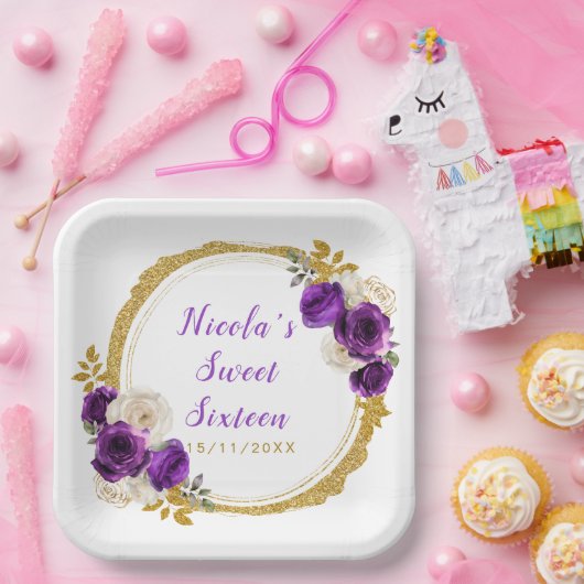 Donker Paarse en Gouden Elegante Bloemen Sweet Six Papieren Bordje (Feest)