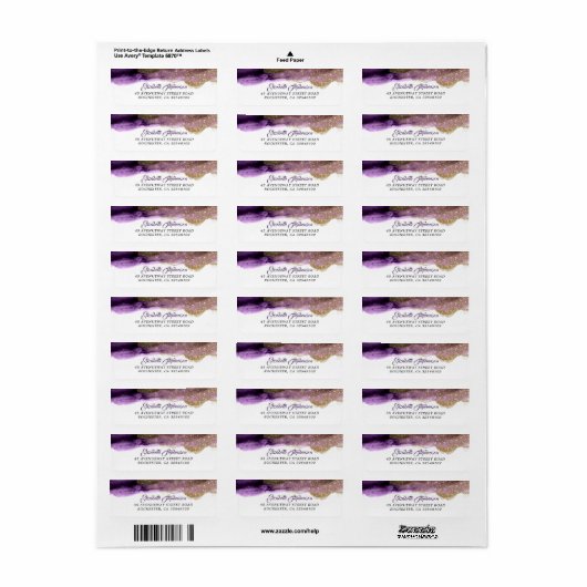 Donker Paarse en gouden Glitter Moderne Bruiloft Etiket (Full Sheet)