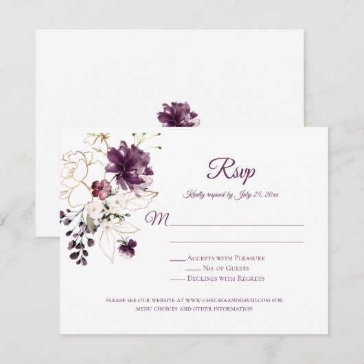 Donker Paarse en Gouden Omtrek Rozen Wit RSVP (Voorkant / Achterkant)