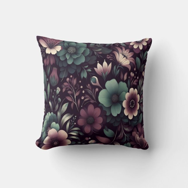 Donker Paarse en Groene Bloemen Patroon Kussen (Voorkant)