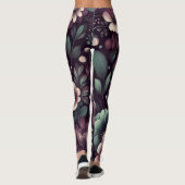 Donker Paarse en Groene Bloemen Patroon Leggings (Achterkant)