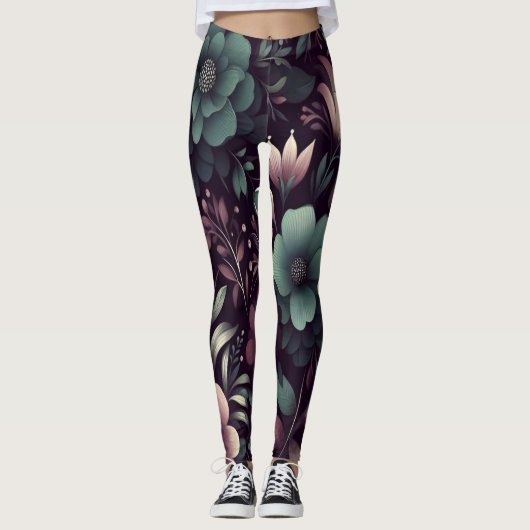 Donker Paarse en Groene Bloemen Patroon Leggings (Voorkant)