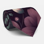 Donker Paarse en Groene Bloemen Patroon Stropdas (Opgerold)