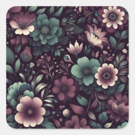 Donker Paarse en Groene Bloemen Patroon Vierkante Sticker