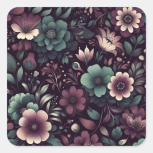 Donker Paarse en Groene Bloemen Patroon Vierkante Sticker