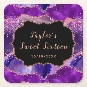 Donker Paarse en Roze Sequins Agaat Sweet Sixteen Kartonnen Onderzetters
