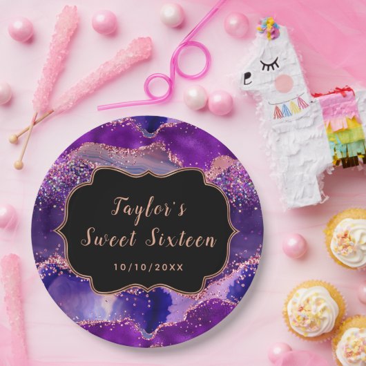 Donker Paarse en Roze Sequins Agaat Sweet Sixteen Papieren Bordje (Feest)