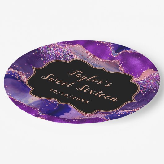 Donker Paarse en Roze Sequins Agaat Sweet Sixteen Papieren Bordje (Gekanteld)