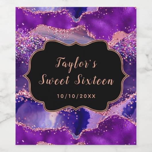 Donker Paarse en Roze Sequins Agaat Sweet Sixteen Wijn Etiket (Enkel label)