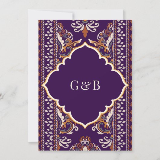 Donker Paarse Gele Ikat Anand Karaj Sikh bruiloft Kaart (Achterkant)