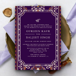 Donker Paarse Gele Ikat Anand Karaj Sikh bruiloft Kaart