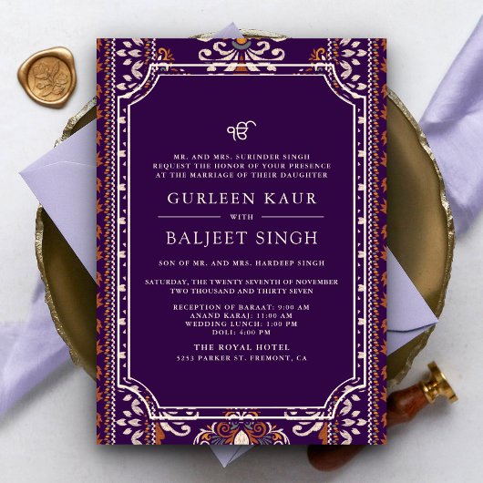 Donker Paarse Gele Ikat Anand Karaj Sikh bruiloft Kaart