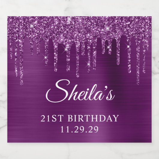 Donker Paarse Glitter Drips Glam 21e Verjaardag Sparkling Wijnetiket (Enkel label)