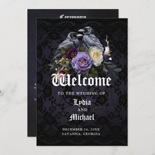 Donker Paarse Gotische Bloemen Boeket & Raven Wedd Programmakaart (Voorkant / Achterkant)