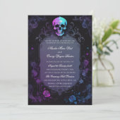 Donker Paarse Gotische Boho Bloemen Schedel Huweli Kaart (Staand voorkant)