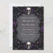Donker Paarse Gotische Boho Bloemen Schedel Huweli Kaart (Voorkant)