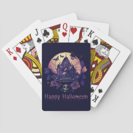 Donker Paarse Gotische spookhuis Happy Halloween Pokerkaarten