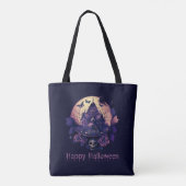 Donker Paarse Gotische spookhuis Happy Halloween Tote Bag (Achterkant)
