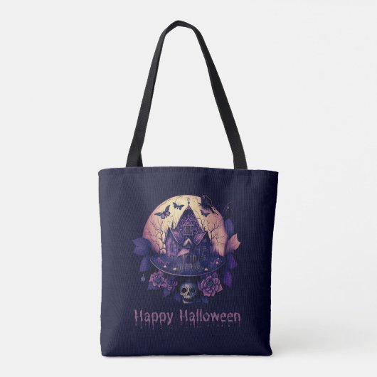 Donker Paarse Gotische spookhuis Happy Halloween Tote Bag (Achterkant)