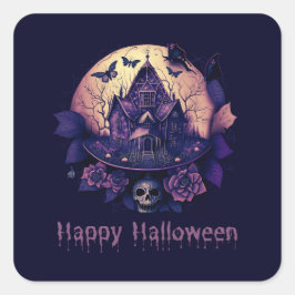 Donker Paarse Gotische spookhuis Happy Halloween Vierkante Sticker