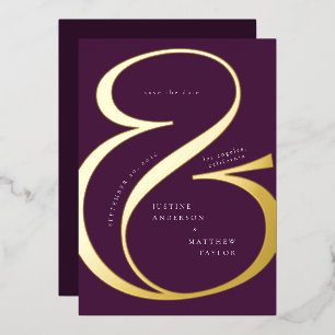 Donker Paarse Gouden Ampersand Typografie Bewaar D Folie Uitnodiging