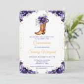 Donker Paarse Gouden Bloemen Cowboy Boot Quinceañe Kaart (Staand voorkant)