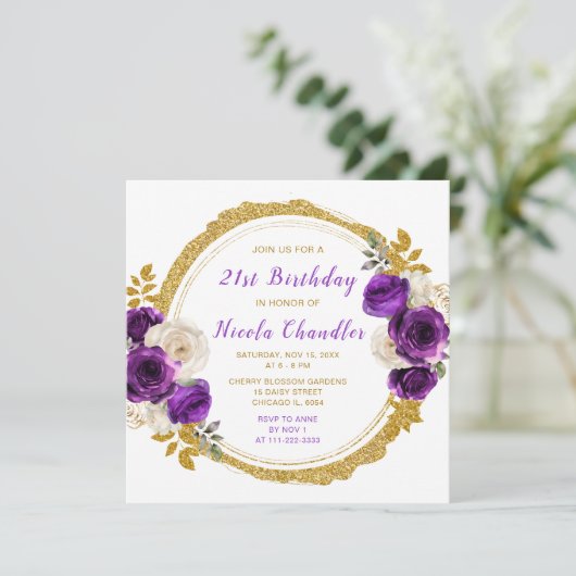 Donker Paarse Gouden Elegante Bloemen Verjaardagsf Kaart (Staand voorkant)