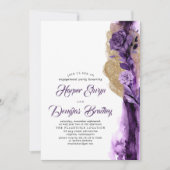 Donker Paarse & Gouden Glitter Bloemen Verlovingsf Kaart (Voorkant)