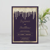 Donker paarse gouden luxueuze glitter druipt bruil kaart (Staand voorkant)