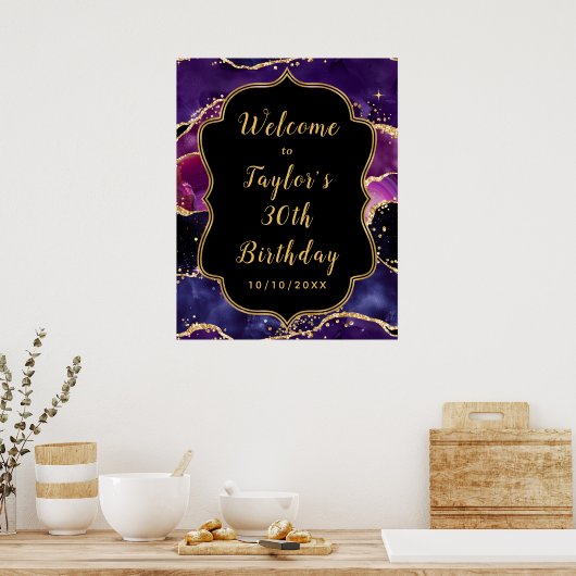 Donker Paarse gouden pailletten Agaat Verjaardag W Poster (Keuken)