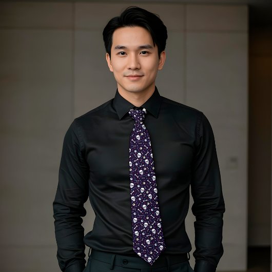 Donker Paarse Halloween Skull Eyeballs Botten Patr Stropdas