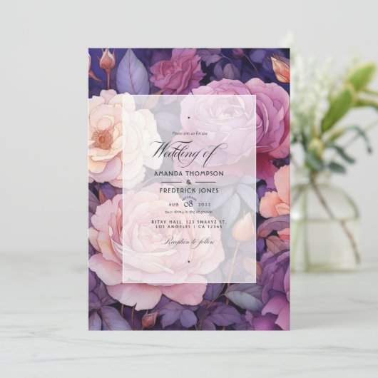 Donker Paarse, Lavendel en Roos Gouden Bruiloft Kaart (Staand voorkant)