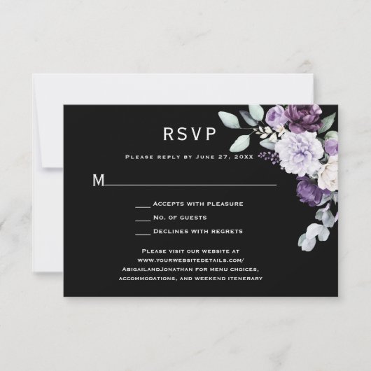 Donker Paarse, Lavendel pioenroos, White Rose Blac RSVP Kaartje (Voorkant)