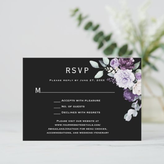 Donker Paarse, Lavendel pioenroos, White Rose Blac RSVP Kaartje (Staand voorkant)