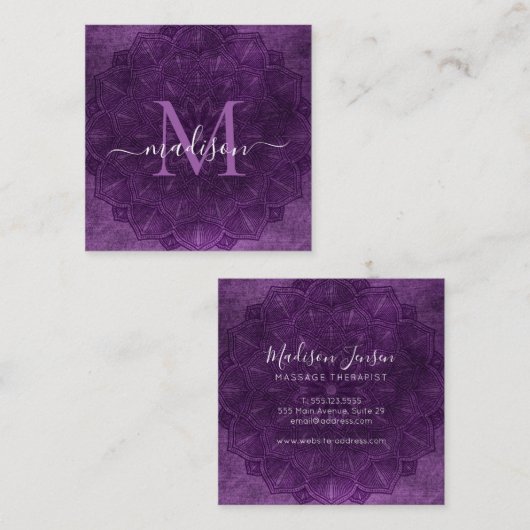 Donker Paarse Mandala Lotus Bloem Monogram Script Vierkante Visitekaartje (Voorkant / Achterkant)
