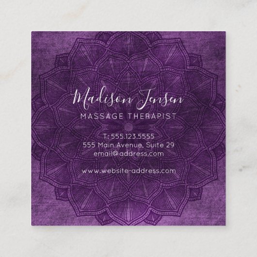 Donker Paarse Mandala Lotus Bloem Monogram Script Vierkante Visitekaartje (Achterkant)