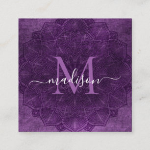 Donker Paarse Mandala Lotus Bloem Monogram Script Vierkante Visitekaartje