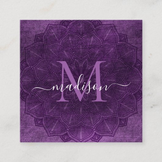 Donker Paarse Mandala Lotus Bloem Monogram Script Vierkante Visitekaartje (Voorkant)
