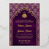 Donker Paarse Marokkaanse Arch Moslim Bruiloft Gou Folie Uitnodiging (Voorkant)