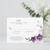 Donker Paarse pioenen Bloemen bruiloft RSVP (Staand voorkant)