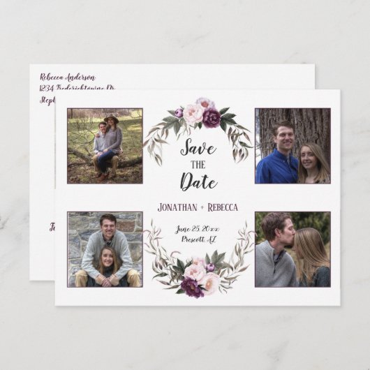 Donker Paarse pruim pioenrozen foto Bewaar de datu Aankondigingskaart (Voorkant / Achterkant)