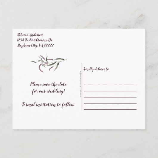 Donker Paarse pruim pioenrozen foto Bewaar de datu Aankondigingskaart (Achterkant)