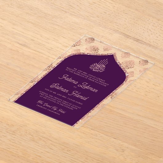 Donker Paarse Roos Goud Damask Arch Moslim Bruilof Acryl Uitnodigingen (Laagn)
