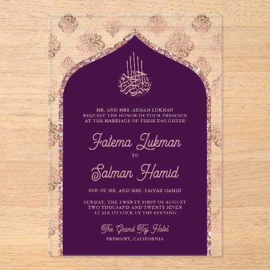Donker Paarse Roos Goud Damask Arch Moslim Bruilof Acryl Uitnodigingen (Voorkant)