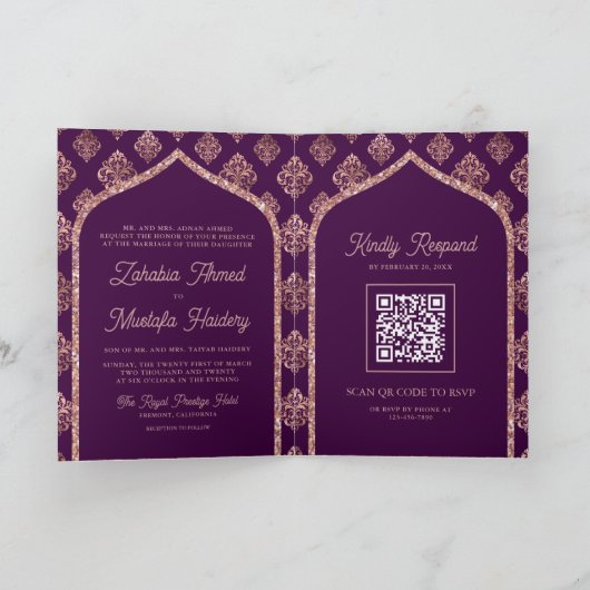 Donker Paarse Roos Goud Damask Arch QR Code Muslim (Binnen)