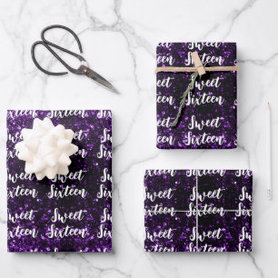 Donker paarse sparkles Sweet 16 scriptpatroon Inpakpapier Vel