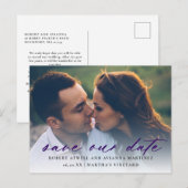 Donker Paarse Tekst Foto Bruiloft Save the Date Aankondigingskaart (Voorkant / Achterkant)